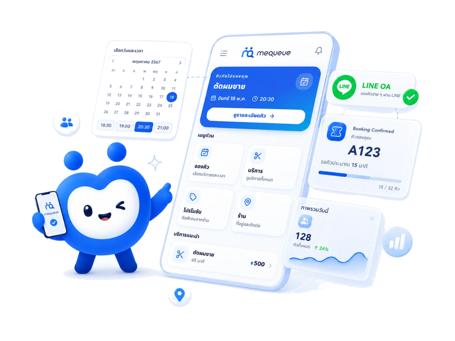 ภาพตัวอย่างระบบจองคิวผ่าน LINE ของ MeQueue สำหรับลูกค้าและเจ้าของร้าน