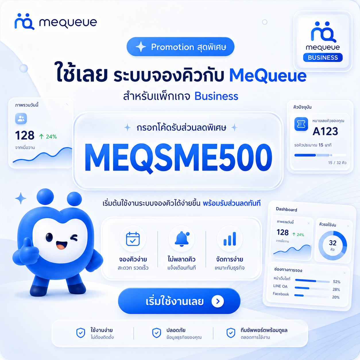 ภาพโปรโมชัน mequeue Business สำหรับใช้โค้ด MEQSME500 รับส่วนลดแพ็กเกจหลายสาขา