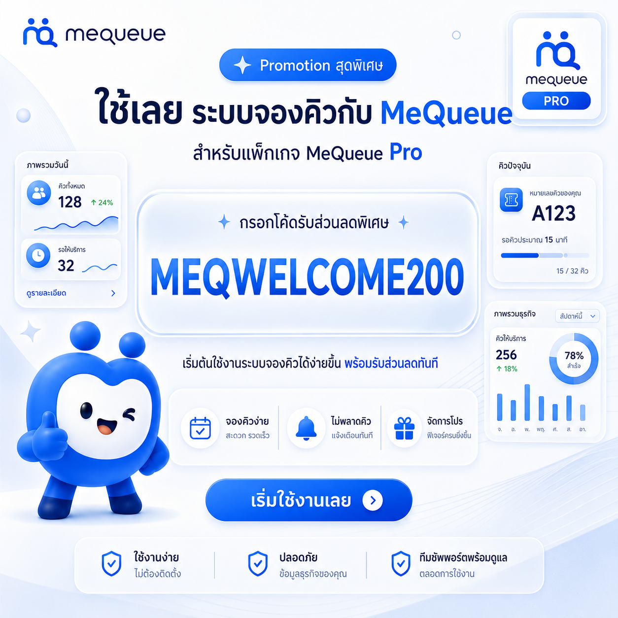 ภาพโปรโมชัน mequeue สำหรับใช้โค้ด MEQWELCOME200 รับส่วนลดระบบจองคิว